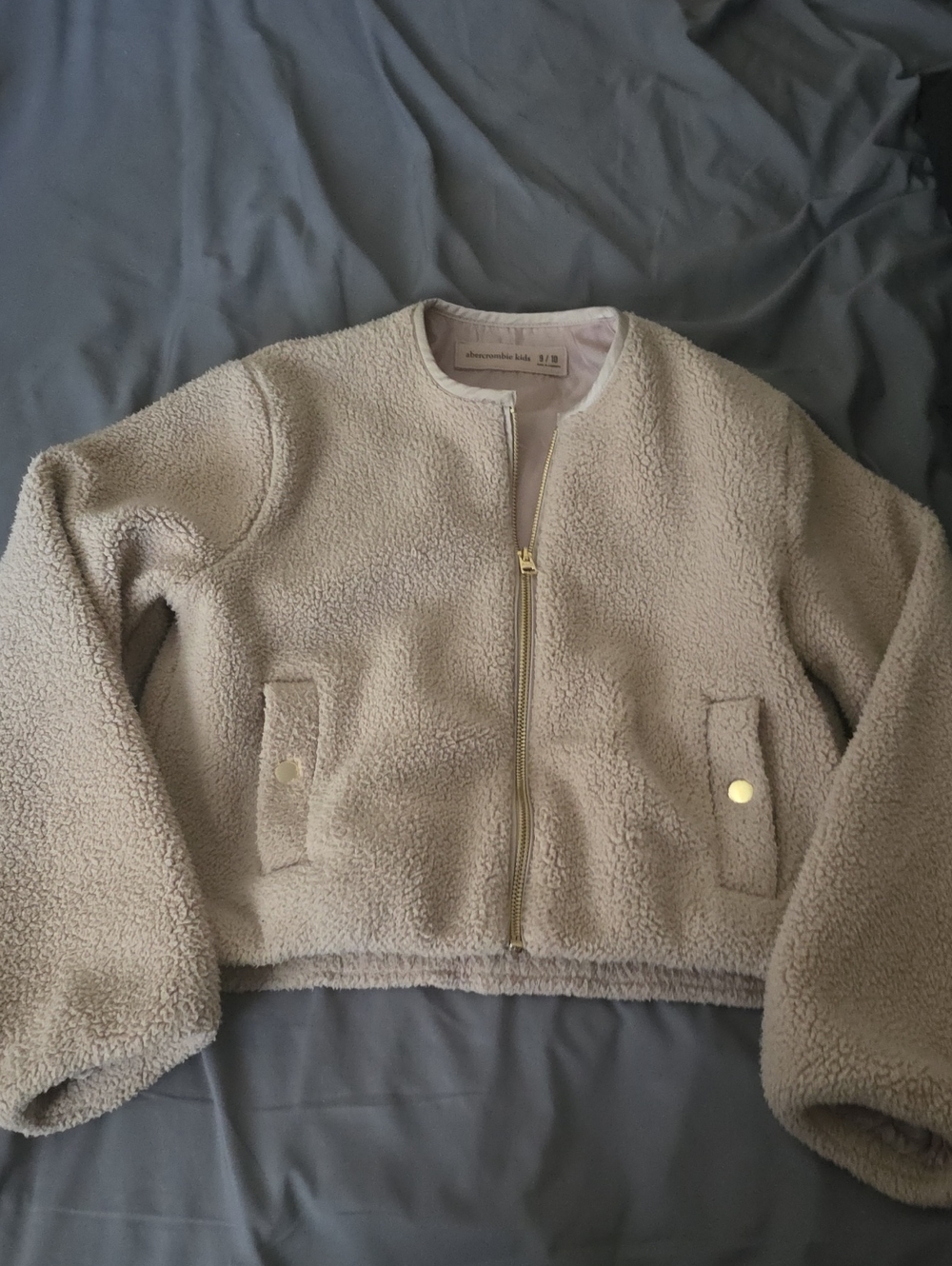 abercrombie kids Neutral Beige Sherpa Zip Jacket with Gold Hardware